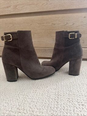 J. Crew Brown Suede Ankle Booties with Gold Buckle Stack Heel, 6.5